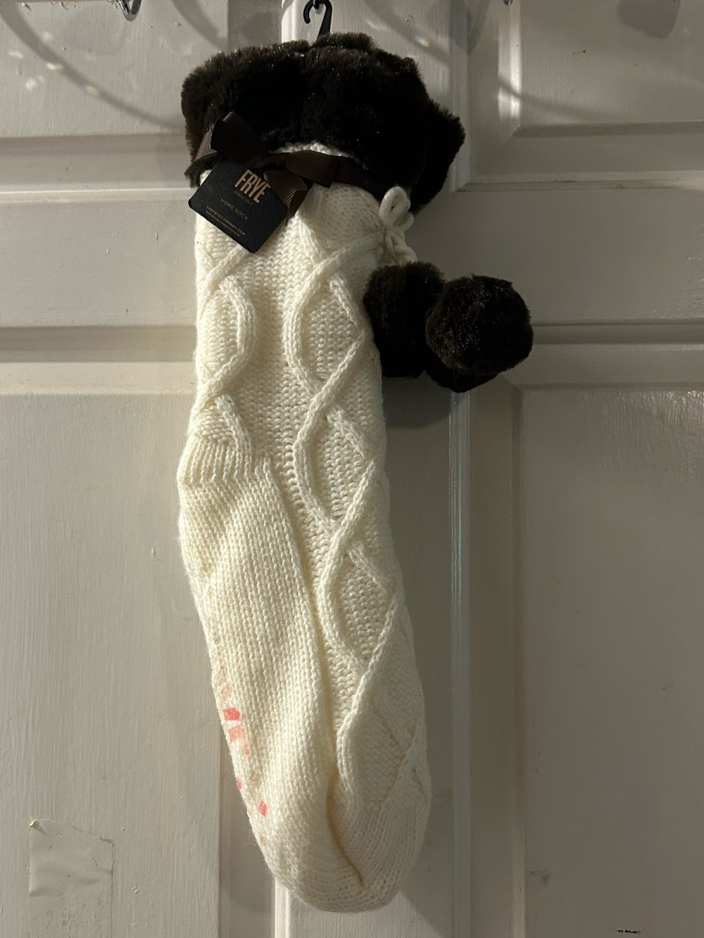 Frye Cream Cable Knit Holiday Stocking with Brown Faux Fur Cuff